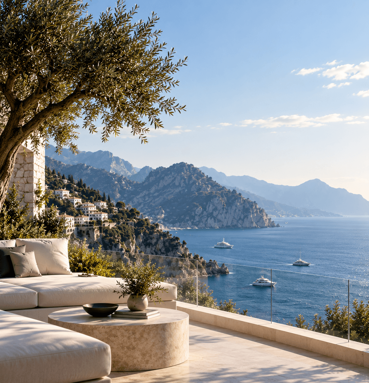 A coastal villa terrace overlooking a Mediterranean bay