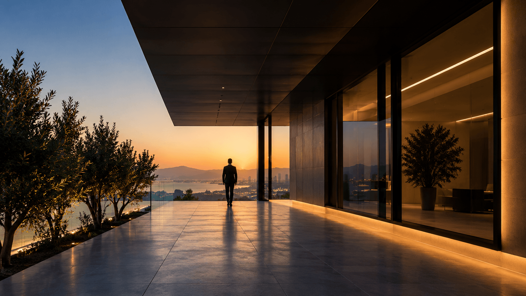 A person walking through a modern concrete building